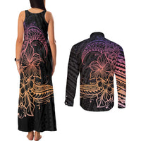 Floral Polynesian Hibiscus Tattoo Couples Matching Tank Maxi Dress and Long Sleeve Button Shirt Peach Gradient Style LT9 - Polynesian Pride