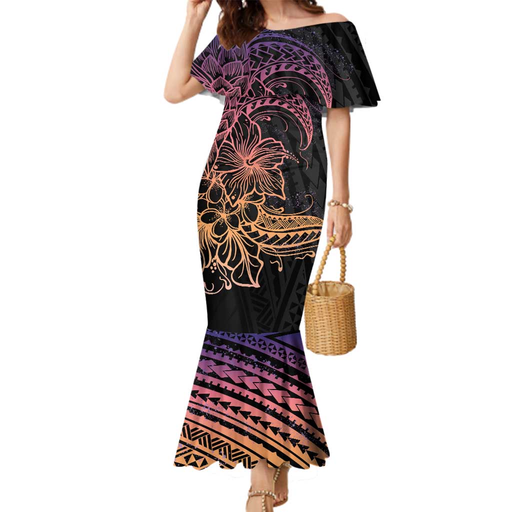 Floral Polynesian Hibiscus Tattoo Family Matching Mermaid Dress and Hawaiian Shirt Peach Gradient Style