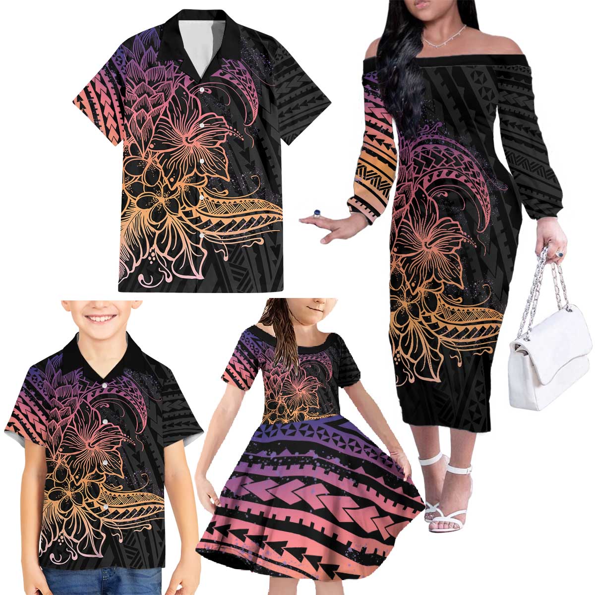 Floral Polynesian Hibiscus Tattoo Family Matching Off The Shoulder Long Sleeve Dress and Hawaiian Shirt Peach Gradient Style