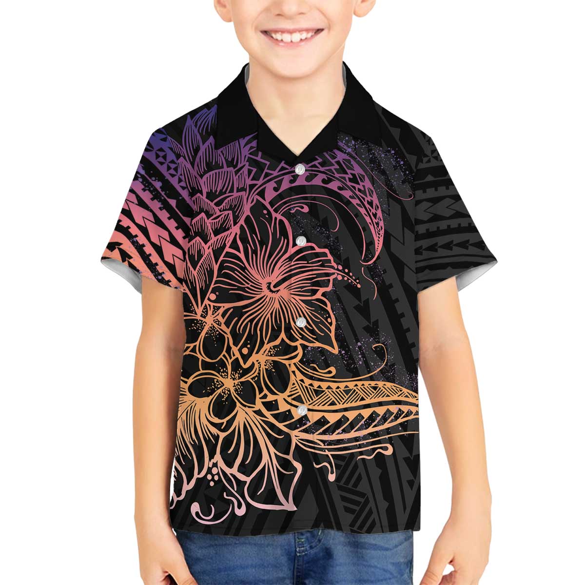 Floral Polynesian Hibiscus Tattoo Family Matching Off The Shoulder Long Sleeve Dress and Hawaiian Shirt Peach Gradient Style