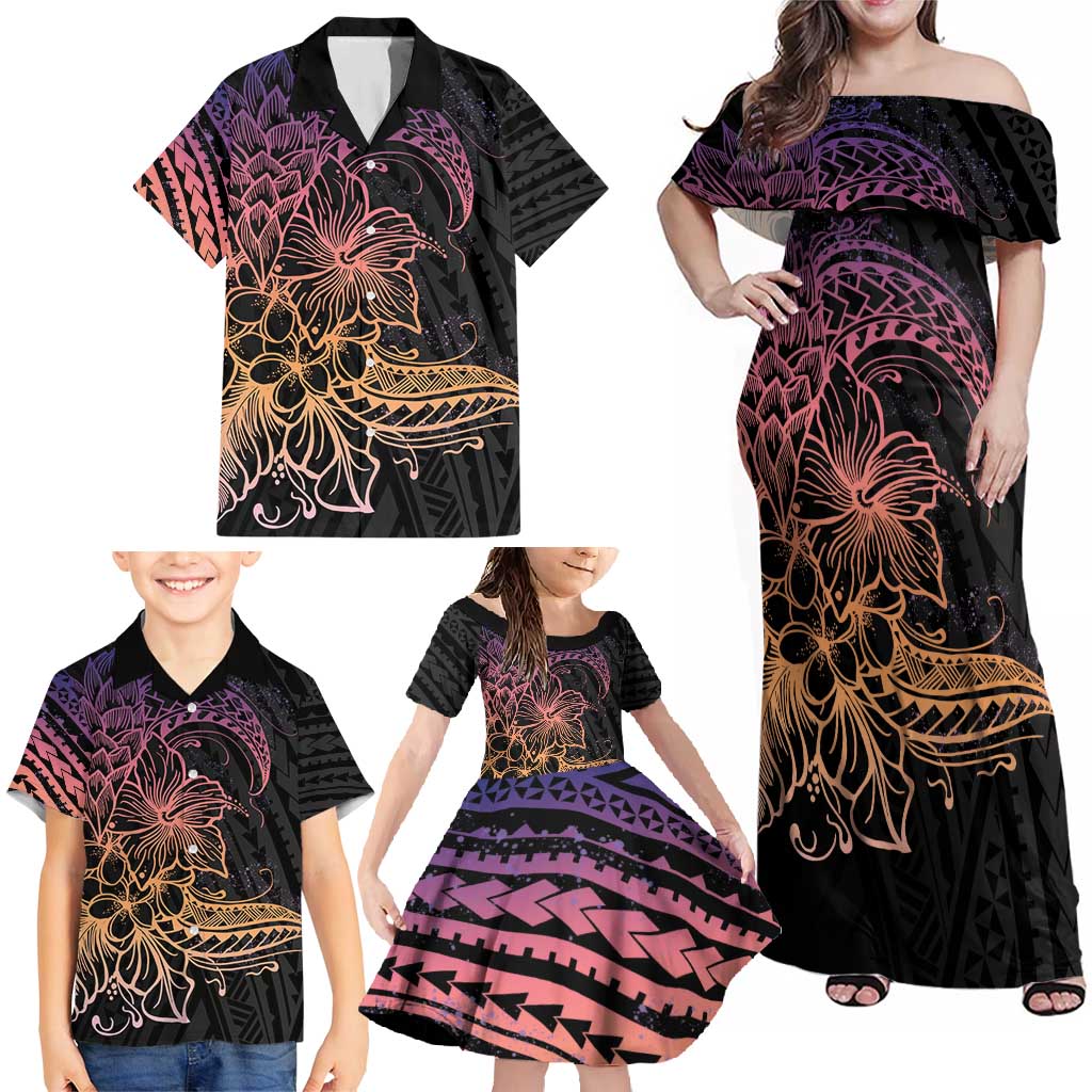 Floral Polynesian Hibiscus Tattoo Family Matching Off Shoulder Maxi Dress and Hawaiian Shirt Peach Gradient Style