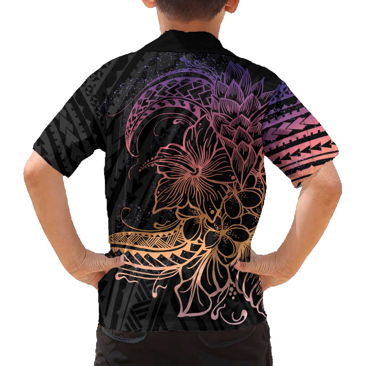 Floral Polynesian Hibiscus Tattoo Family Matching Puletasi and Hawaiian Shirt Peach Gradient Style LT9 - Polynesian Pride