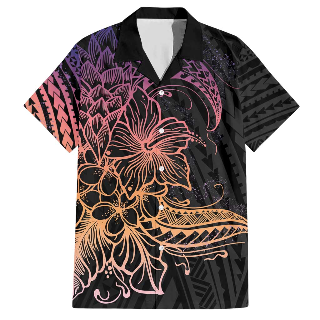 Floral Polynesian Hibiscus Tattoo Family Matching Short Sleeve Bodycon Dress and Hawaiian Shirt Peach Gradient Style