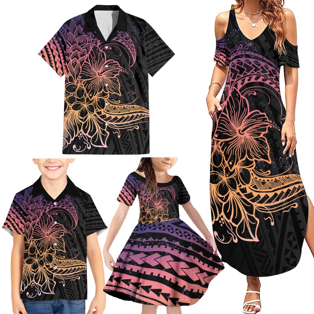 Floral Polynesian Hibiscus Tattoo Family Matching Summer Maxi Dress and Hawaiian Shirt Peach Gradient Style