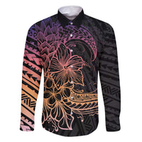 Floral Polynesian Hibiscus Tattoo Family Matching Tank Maxi Dress and Hawaiian Shirt Peach Gradient Style LT9 Dad's Shirt - Long Sleeve Peach - Polynesian Pride