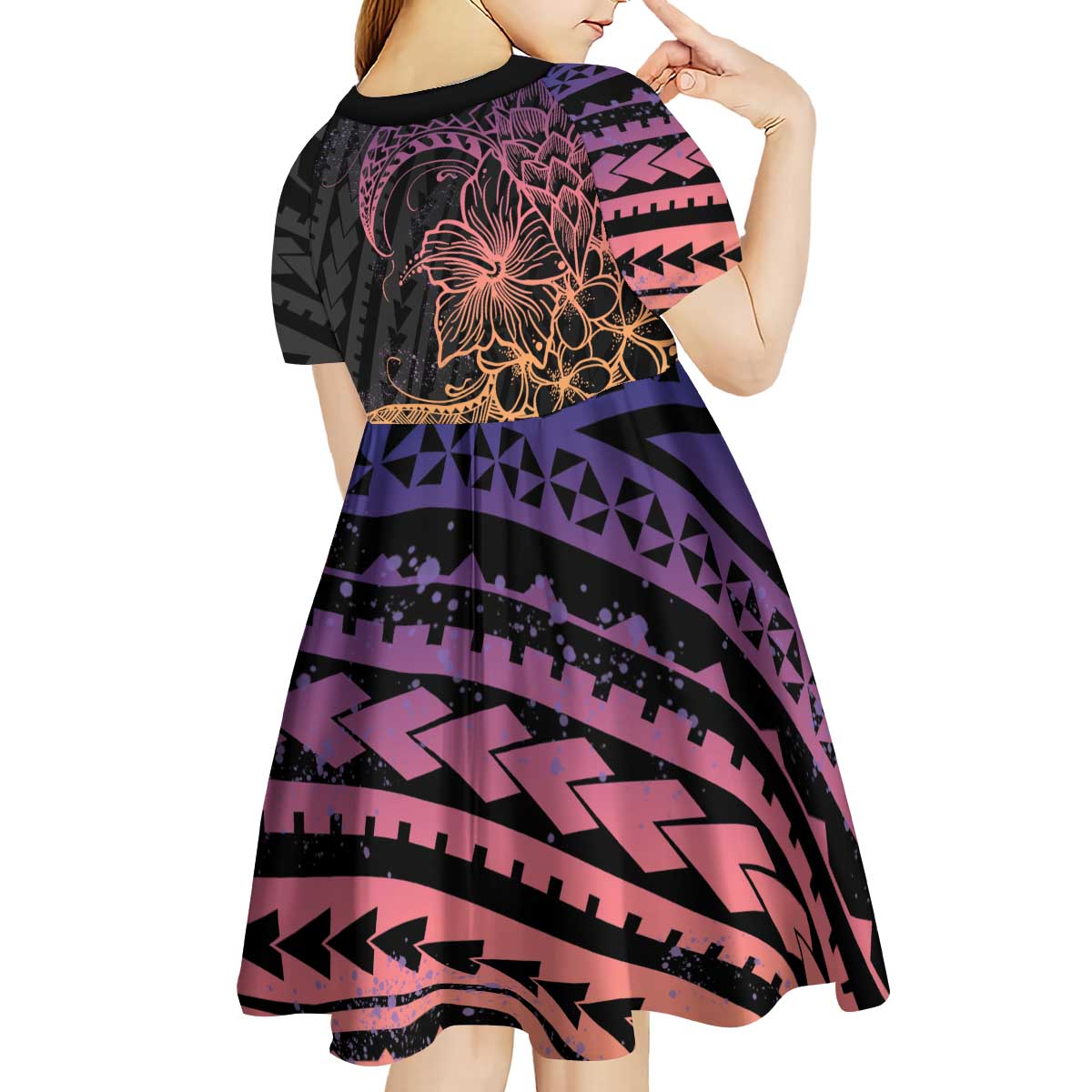 Floral Polynesian Hibiscus Tattoo Kid Short Sleeve Dress Peach Gradient Style