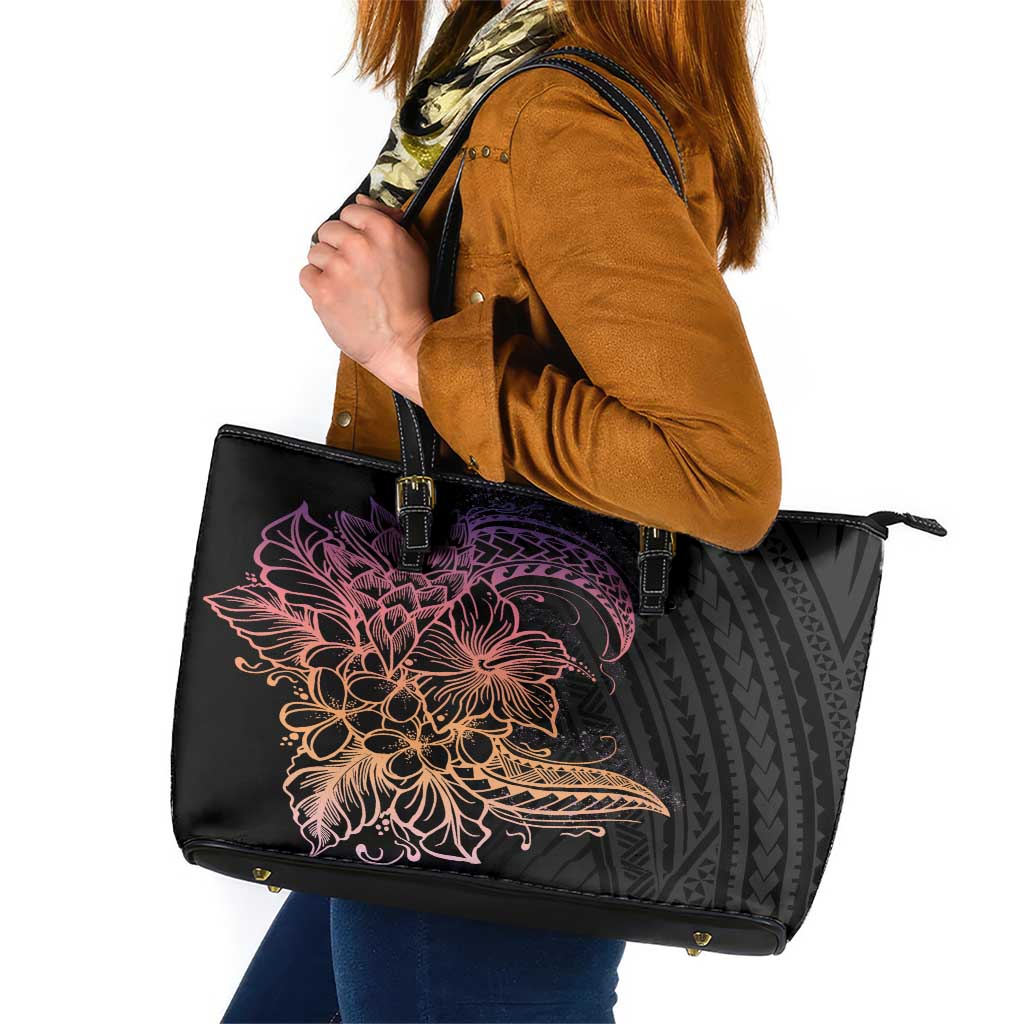 Floral Polynesian Hibiscus Tattoo Leather Tote Bag Peach Gradient Style