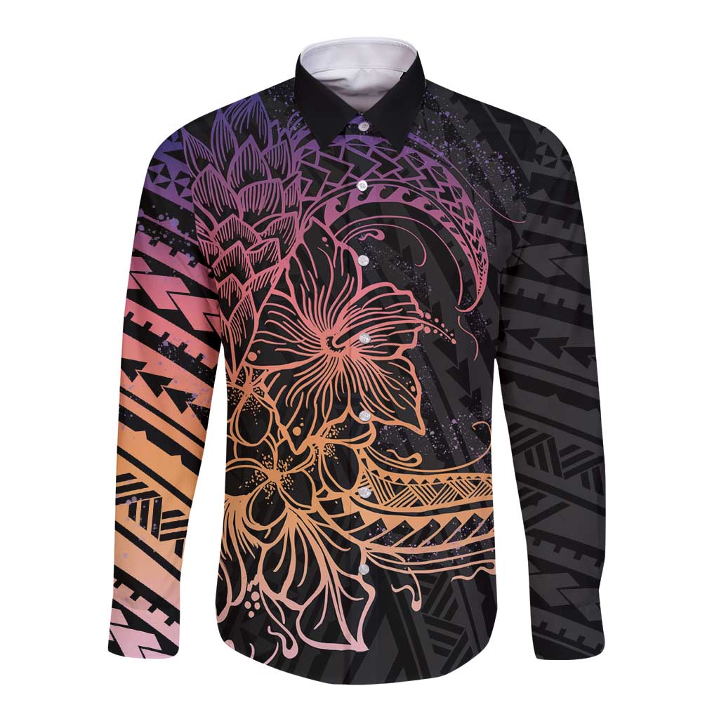 Floral Polynesian Hibiscus Tattoo Long Sleeve Button Shirt Peach Gradient Style