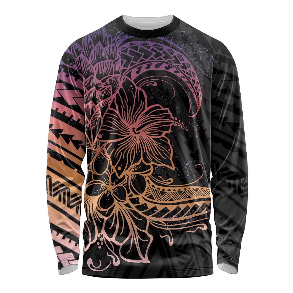 Floral Polynesian Hibiscus Tattoo Long Sleeve Shirt Peach Gradient Style