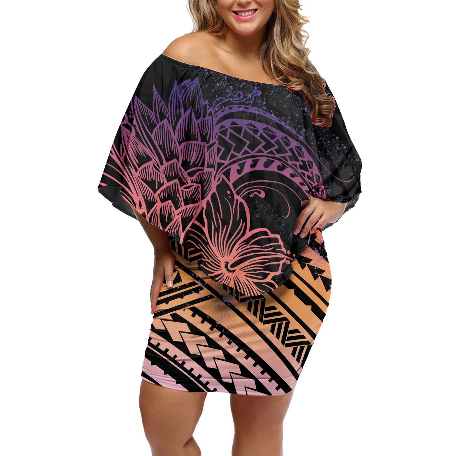 Floral Polynesian Hibiscus Tattoo Off Shoulder Short Dress Peach Gradient Style LT9 Women Peach - Polynesian Pride