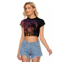 Floral Polynesian Hibiscus Tattoo Raglan Cropped T Shirt Peach Gradient Style LT9 Female Peach - Polynesian Pride