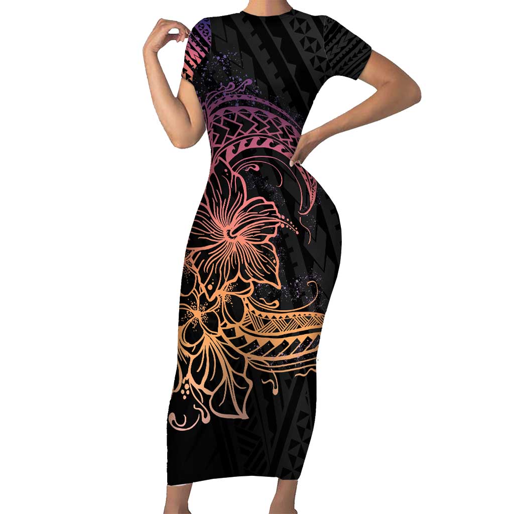 Floral Polynesian Hibiscus Tattoo Short Sleeve Bodycon Dress Peach Gradient Style