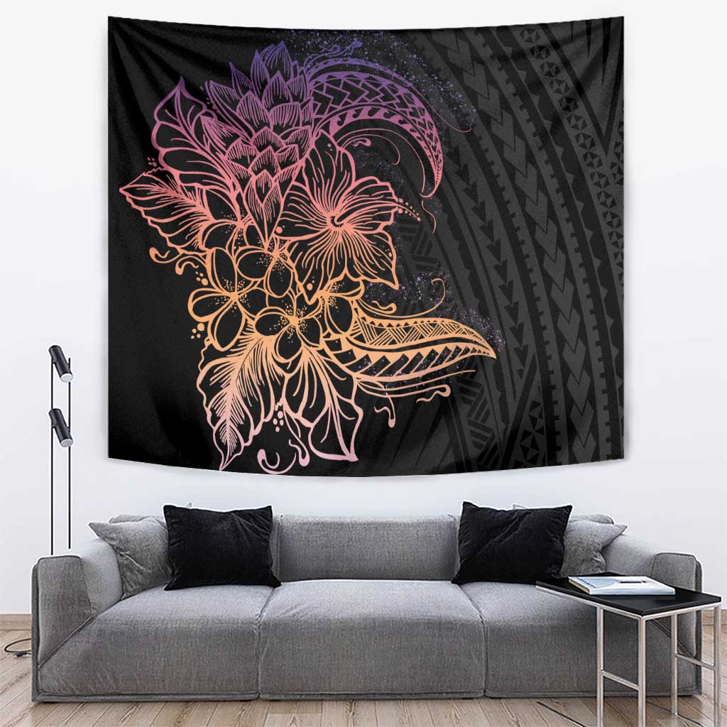 Floral Polynesian Hibiscus Tattoo Tapestry Peach Gradient Style