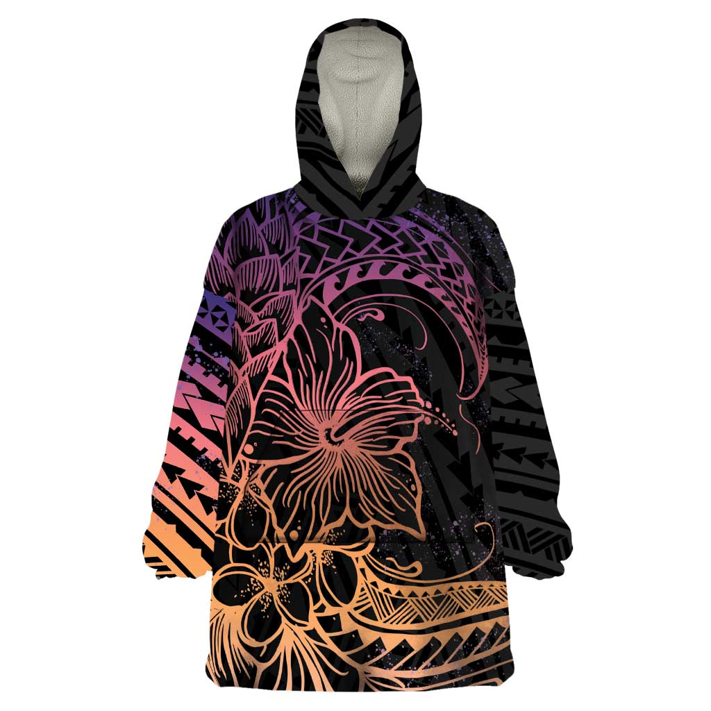 Floral Polynesian Hibiscus Tattoo Wearable Blanket Hoodie Peach Gradient Style