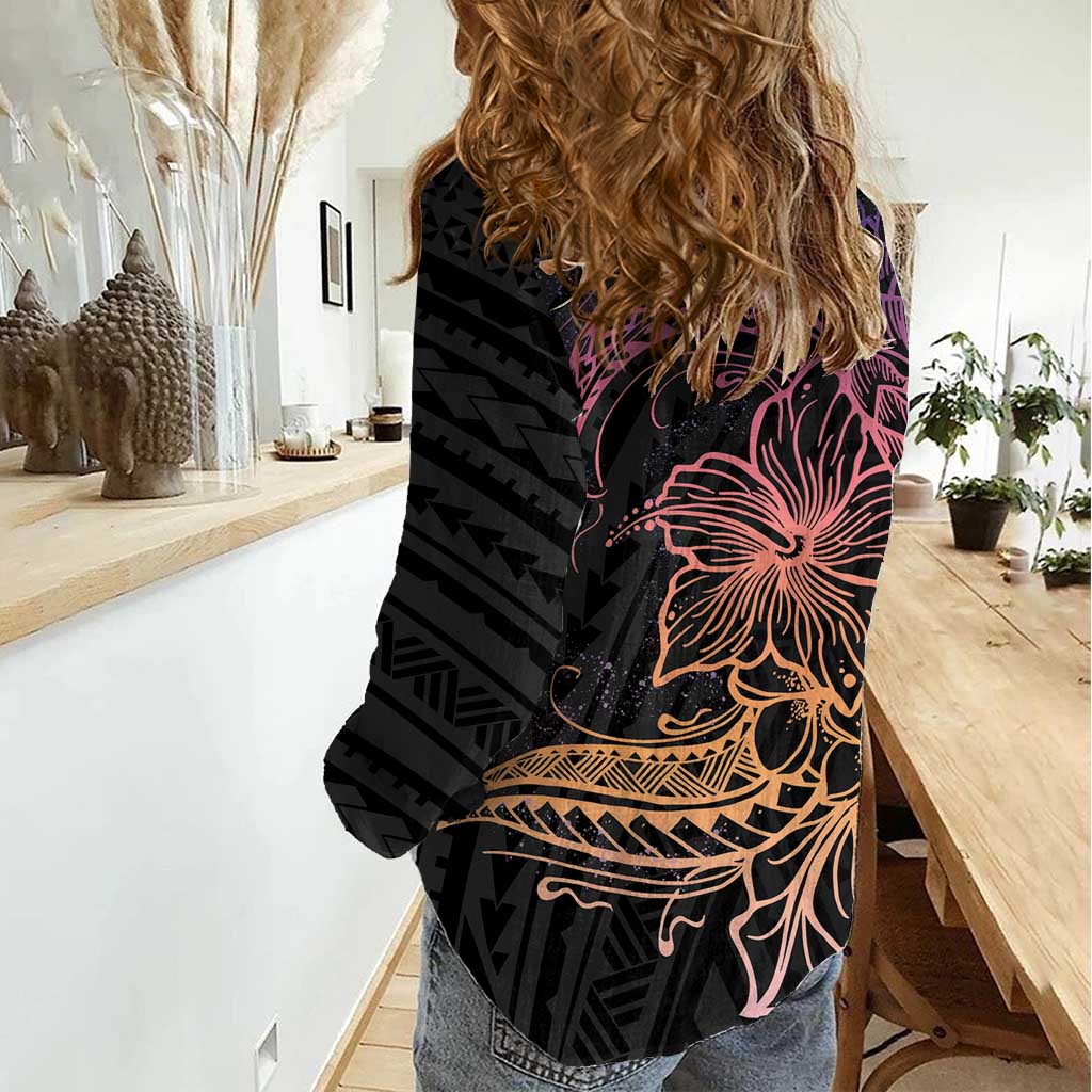 Floral Polynesian Hibiscus Tattoo Women Casual Shirt Peach Gradient Style