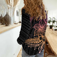 Floral Polynesian Hibiscus Tattoo Women Casual Shirt Peach Gradient Style