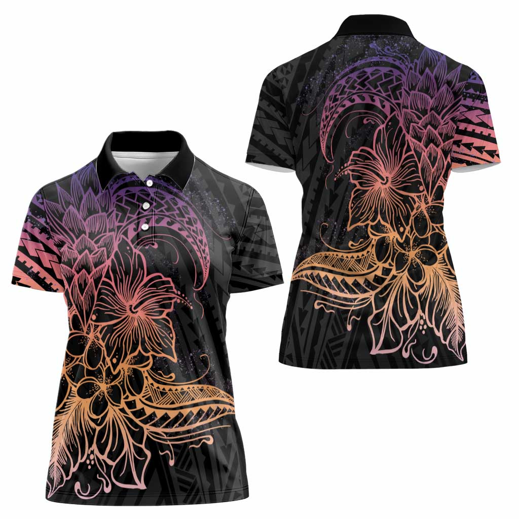 Floral Polynesian Hibiscus Tattoo Women Polo Shirt Peach Gradient Style
