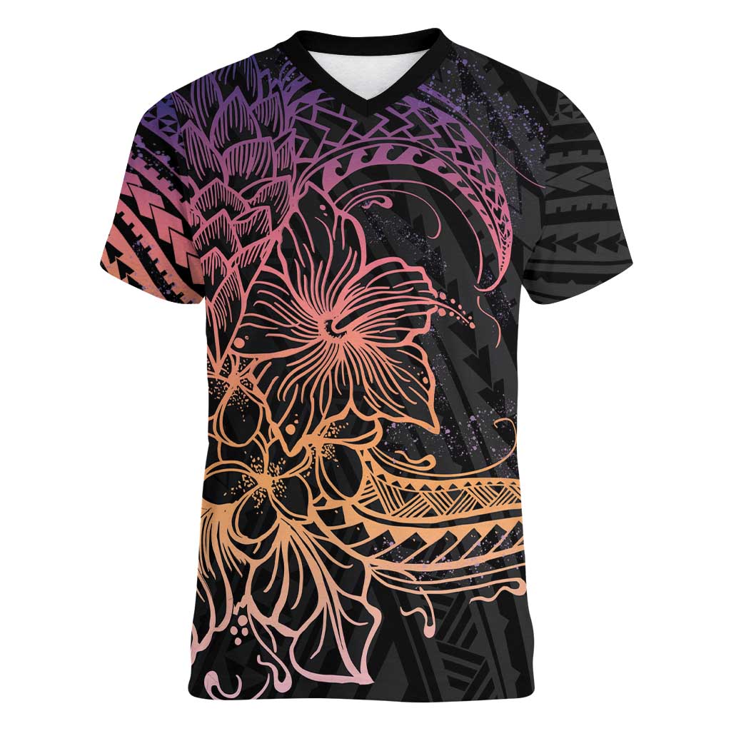 Floral Polynesian Hibiscus Tattoo Women V-Neck T-Shirt Peach Gradient Style LT9 Female Peach - Polynesian Pride
