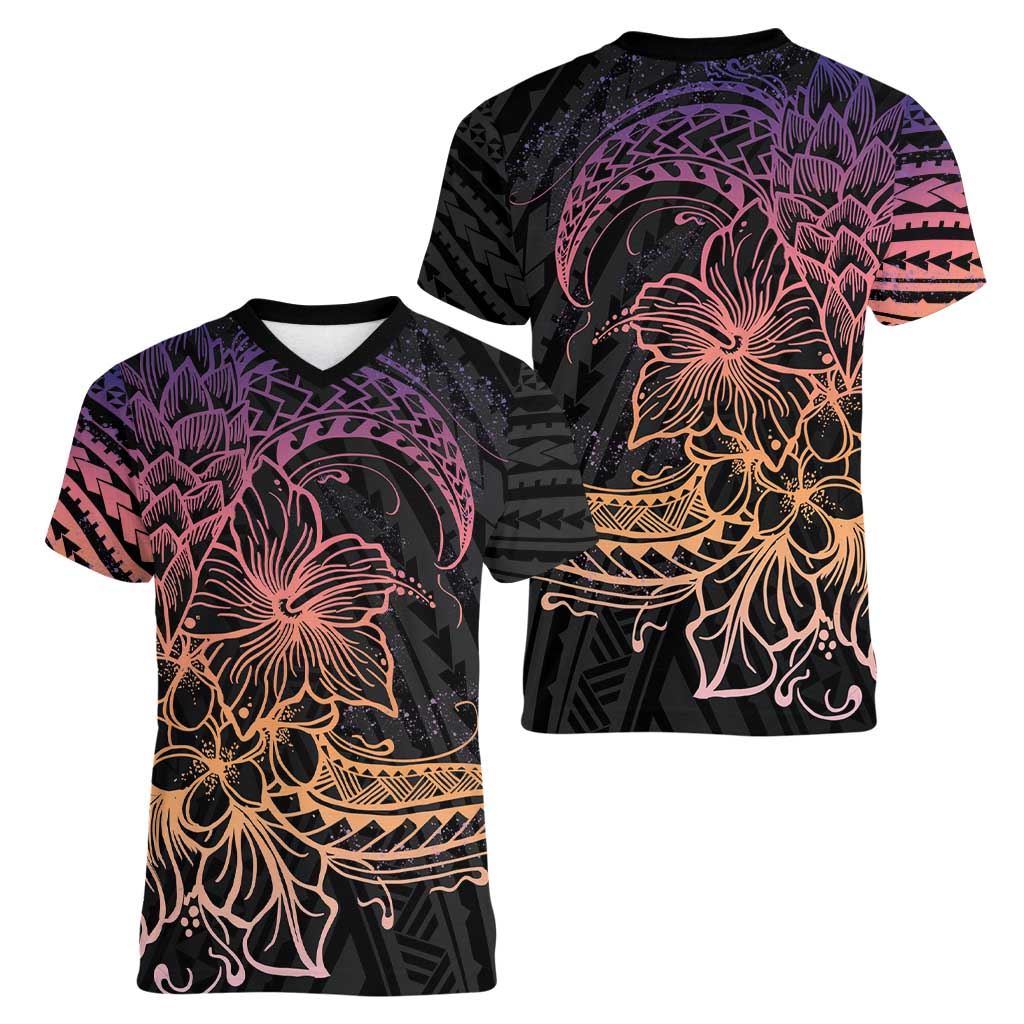 Floral Polynesian Hibiscus Tattoo Women V-Neck T-Shirt Peach Gradient Style LT9 - Polynesian Pride