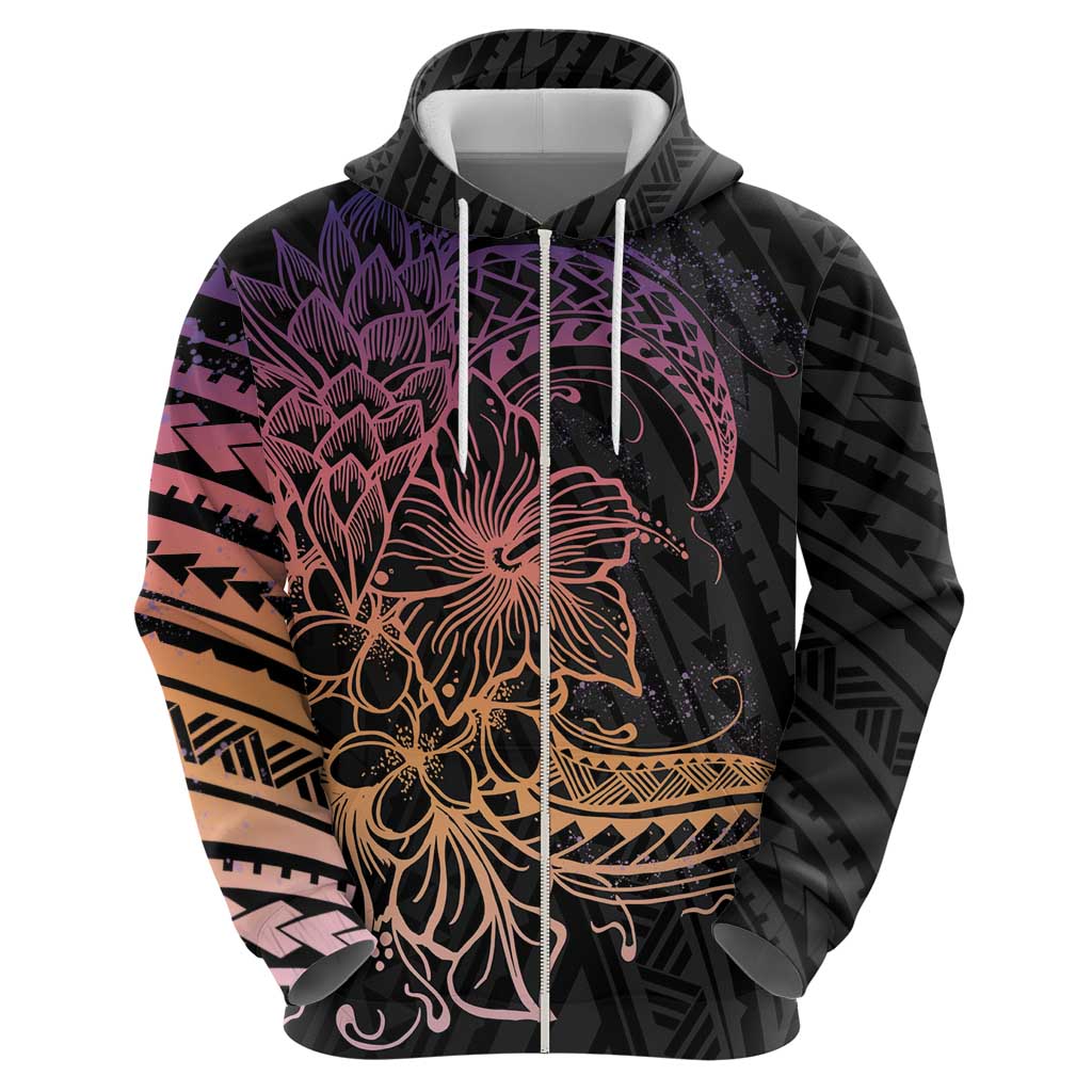Floral Polynesian Hibiscus Tattoo Zip Hoodie Peach Gradient Style