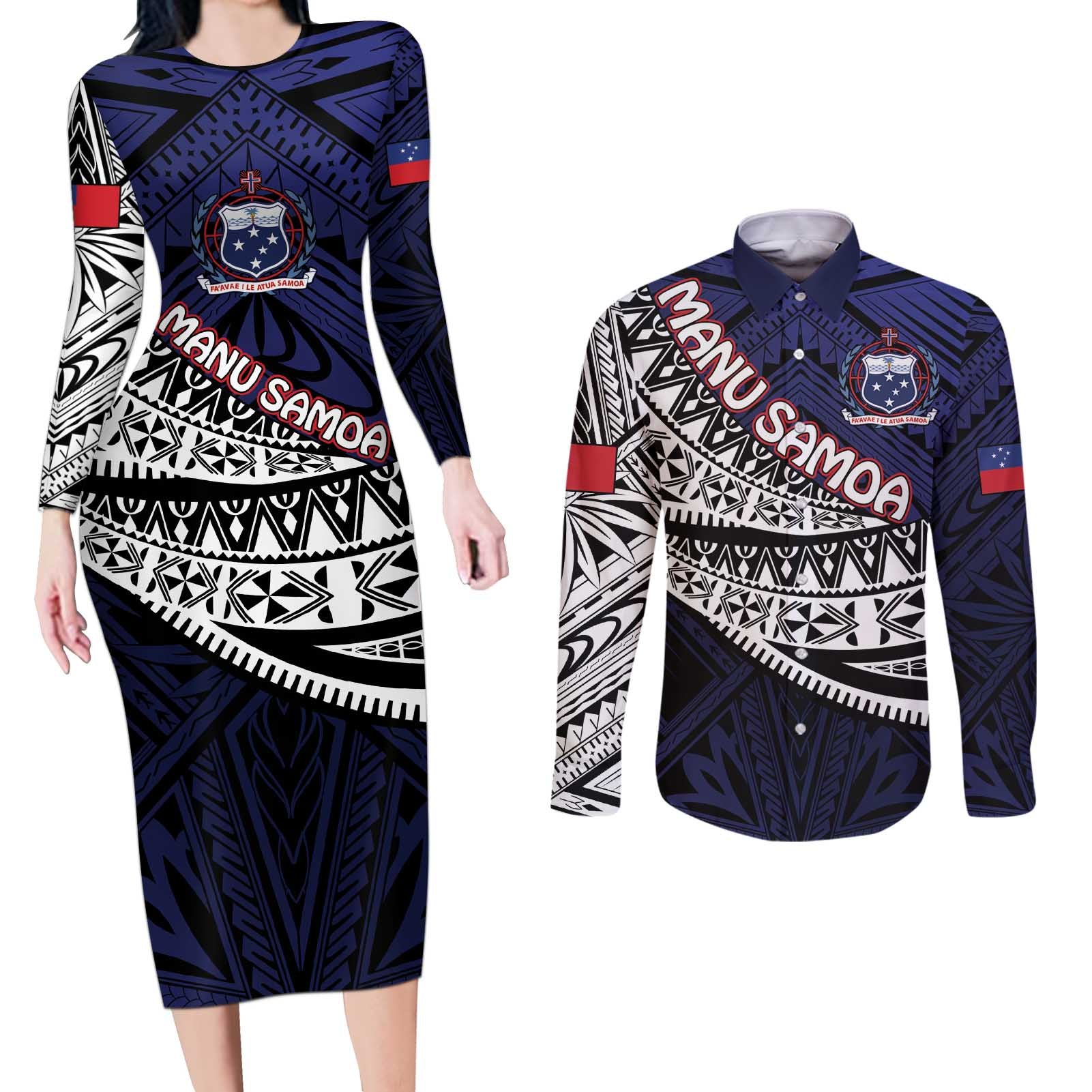 Custom Samoa Rugby Pacific Couples Matching Long Sleeve Bodycon Dress and Long Sleeve Button Shirt Samoan Warrior Tribal Pattern