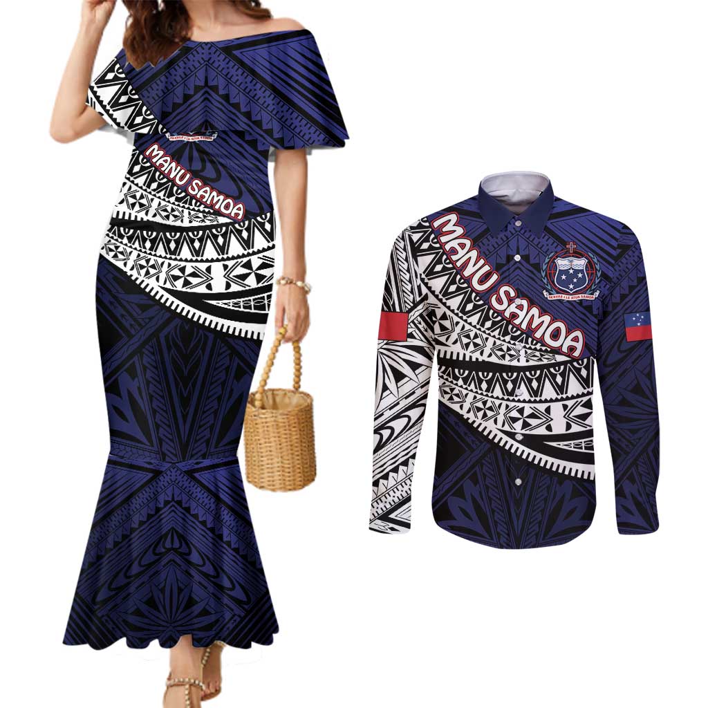 Custom Samoa Rugby Pacific Couples Matching Mermaid Dress and Long Sleeve Button Shirt Samoan Warrior Tribal Pattern