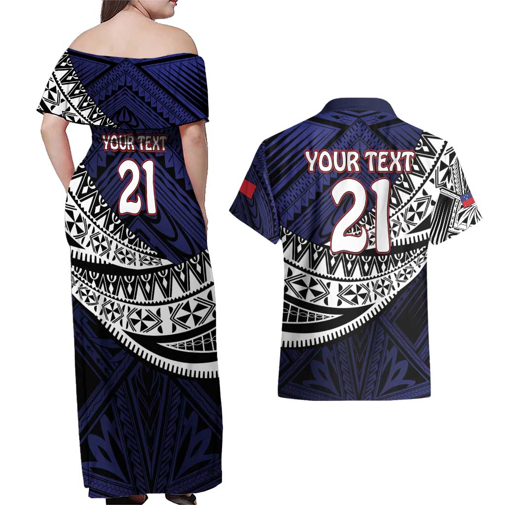 Custom Samoa Rugby Pacific Couples Matching Off Shoulder Maxi Dress and Hawaiian Shirt Samoan Warrior Tribal Pattern