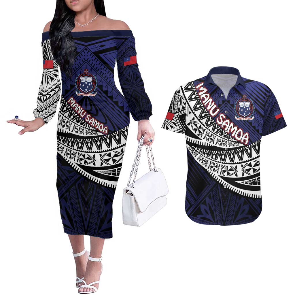 Custom Samoa Rugby Pacific Couples Matching Off The Shoulder Long Sleeve Dress and Hawaiian Shirt Samoan Warrior Tribal Pattern