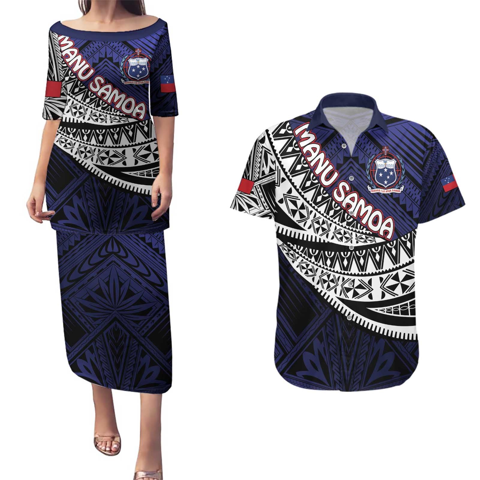 Custom Samoa Rugby Pacific Couples Matching Puletasi and Hawaiian Shirt Samoan Warrior Tribal Pattern