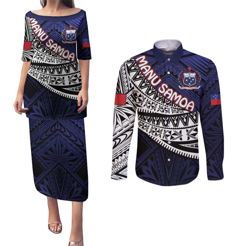 Custom Samoa Rugby Pacific Couples Matching Puletasi and Long Sleeve Button Shirt Samoan Warrior Tribal Pattern