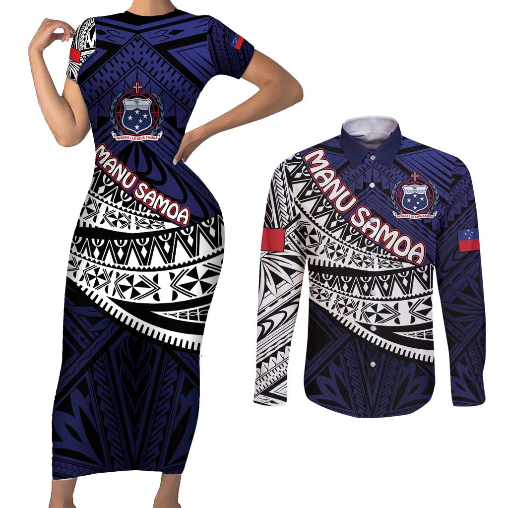 Custom Samoa Rugby Pacific Couples Matching Short Sleeve Bodycon Dress and Long Sleeve Button Shirt Samoan Warrior Tribal Pattern