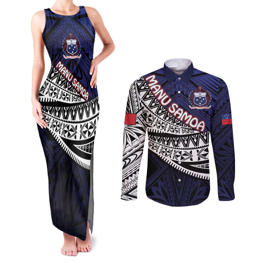 Custom Samoa Rugby Pacific Couples Matching Tank Maxi Dress and Long Sleeve Button Shirt Samoan Warrior Tribal Pattern