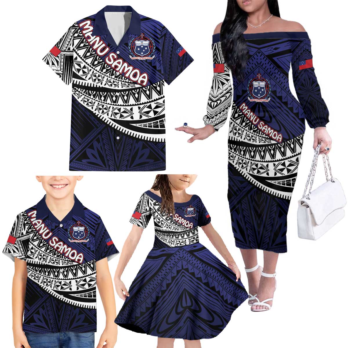 Custom Samoa Rugby Pacific Family Matching Off The Shoulder Long Sleeve Dress and Hawaiian Shirt Samoan Warrior Tribal Pattern