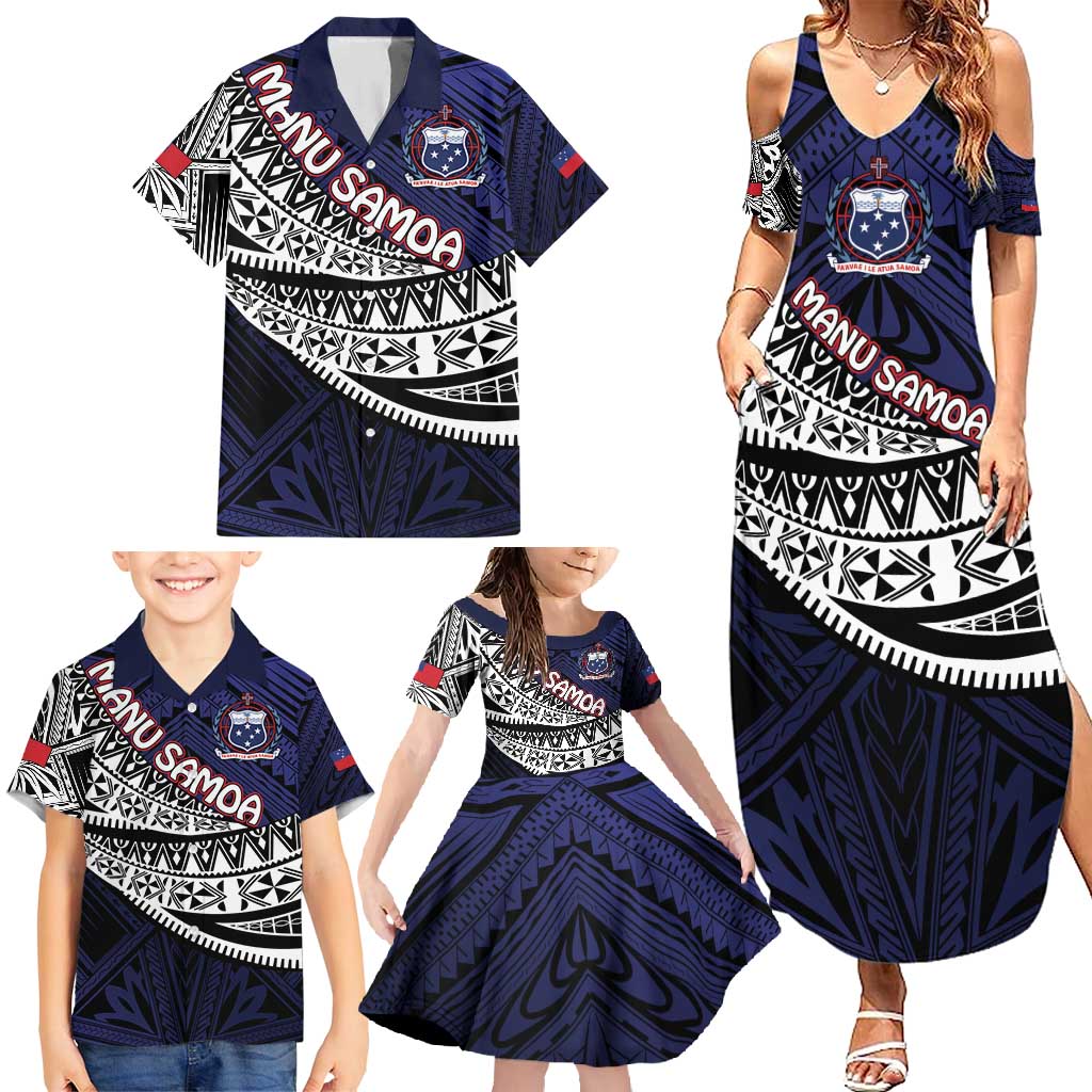 Custom Samoa Rugby Pacific Family Matching Summer Maxi Dress and Hawaiian Shirt Samoan Warrior Tribal Pattern