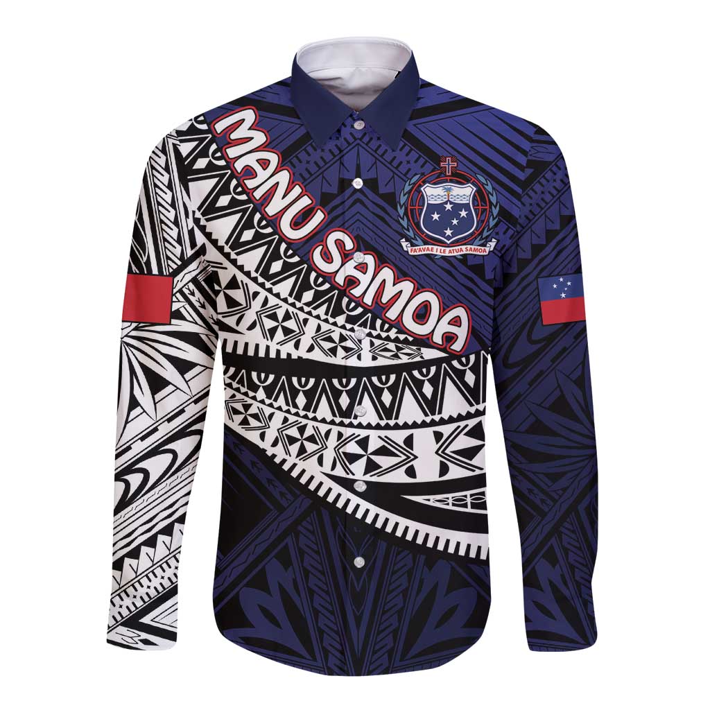 Custom Samoa Rugby Pacific Long Sleeve Button Shirt Samoan Warrior Tribal Pattern