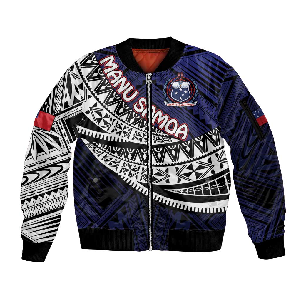 Custom Samoa Rugby Pacific Sleeve Zip Bomber Jacket Samoan Warrior Tribal Pattern