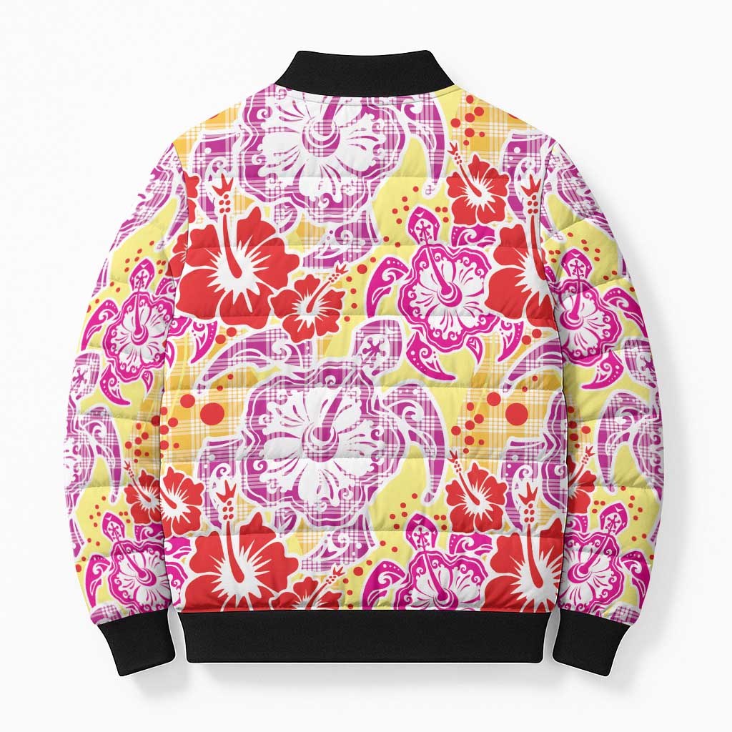 Palaka with Honu and Hibiscus Bomber Puffer Jacket Hawaiian Heritage Spirit - Polynesian Pride
