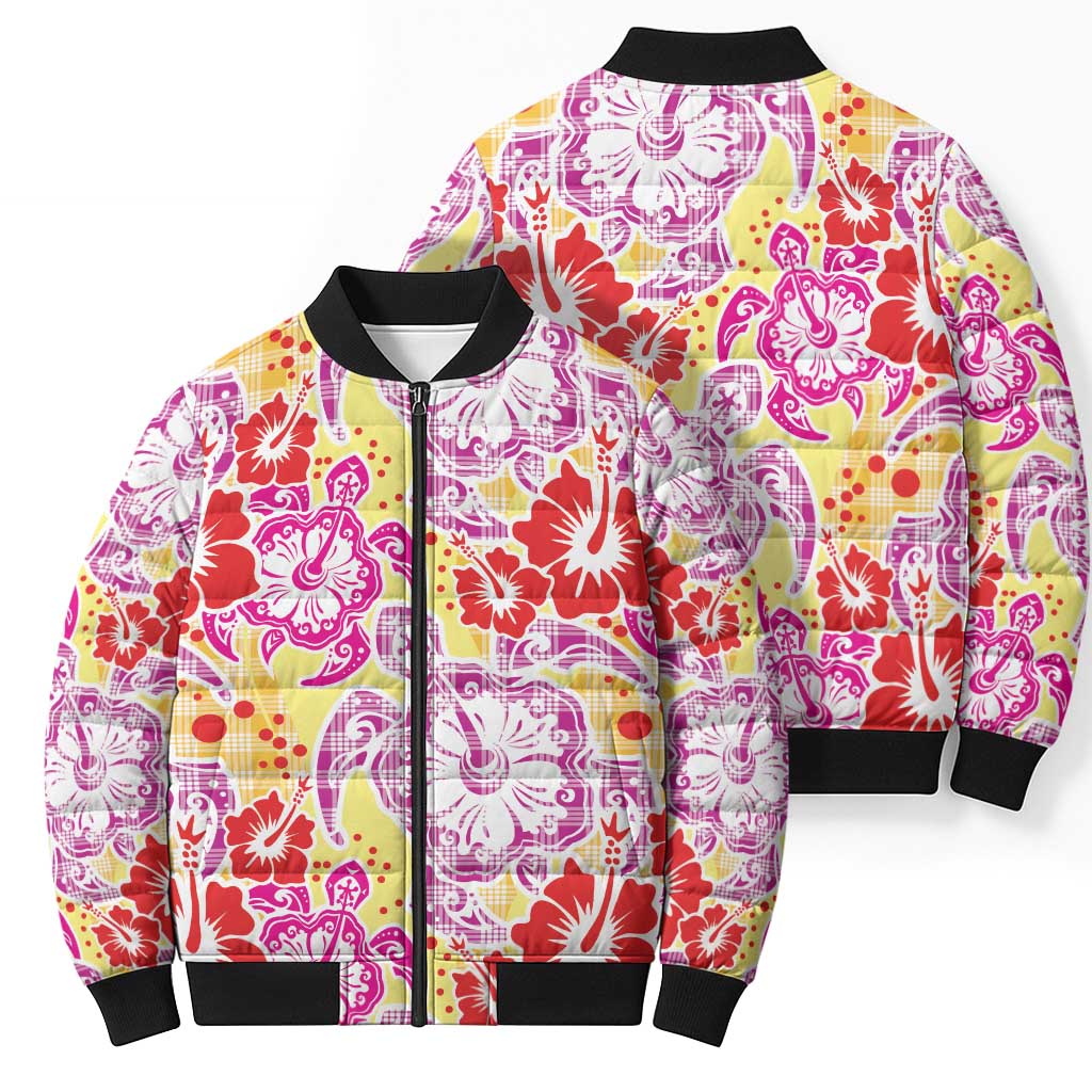 Palaka with Honu and Hibiscus Bomber Puffer Jacket Hawaiian Heritage Spirit - Polynesian Pride