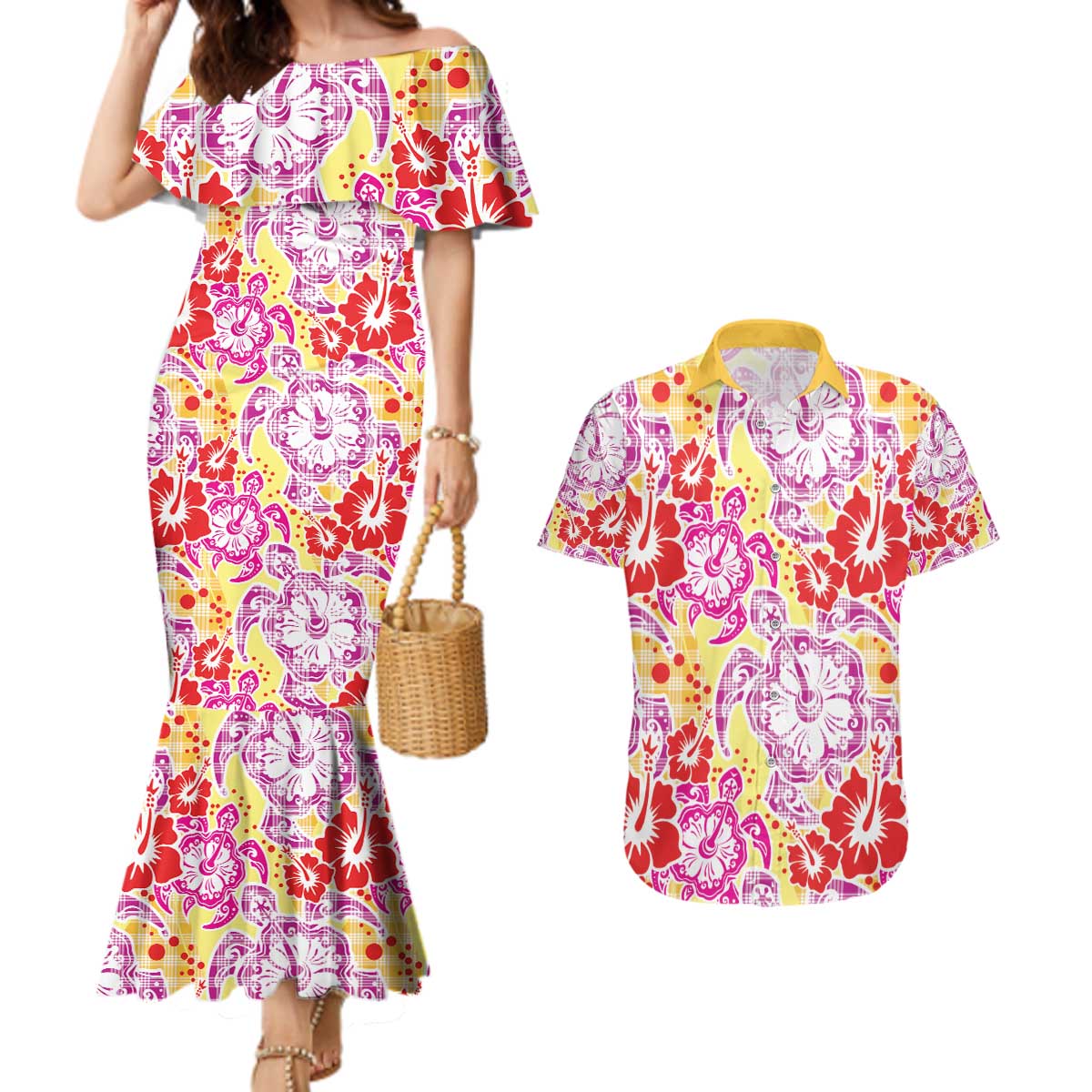 Palaka with Honu and Hibiscus Couples Matching Mermaid Dress and Hawaiian Shirt Hawaiian Heritage Spirit - Polynesian Pride