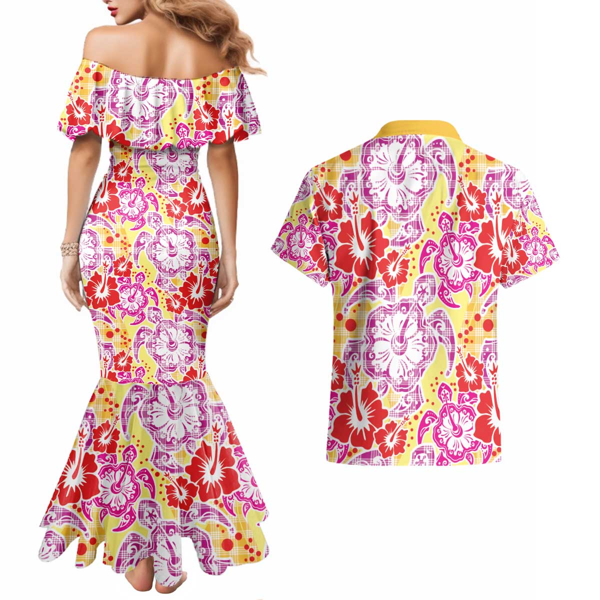 Palaka with Honu and Hibiscus Couples Matching Mermaid Dress and Hawaiian Shirt Hawaiian Heritage Spirit - Polynesian Pride