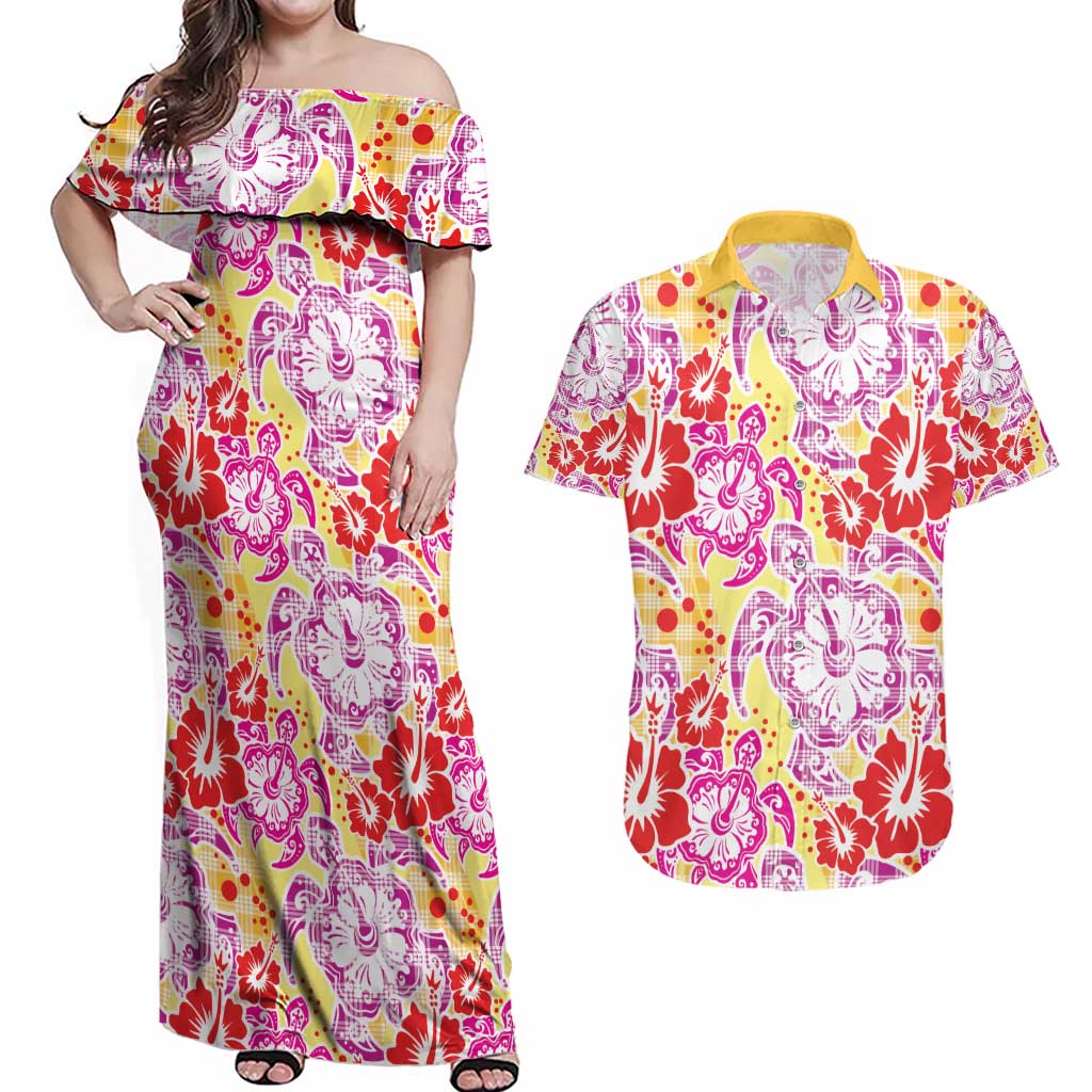 Palaka with Honu and Hibiscus Couples Matching Off Shoulder Maxi Dress and Hawaiian Shirt Hawaiian Heritage Spirit - Polynesian Pride