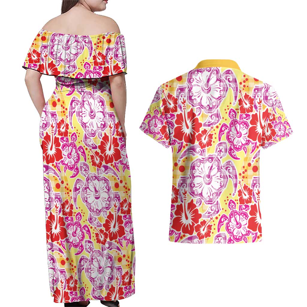 Palaka with Honu and Hibiscus Couples Matching Off Shoulder Maxi Dress and Hawaiian Shirt Hawaiian Heritage Spirit - Polynesian Pride