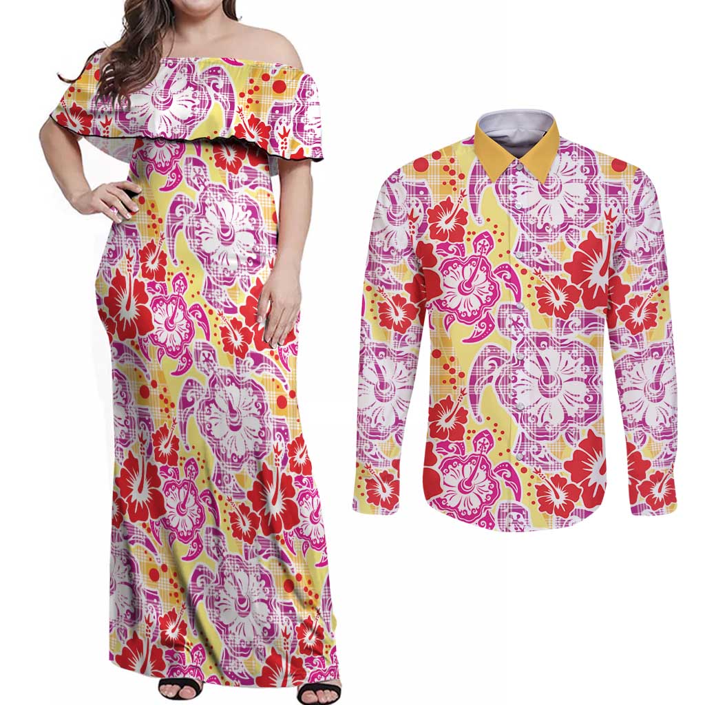 Palaka with Honu and Hibiscus Couples Matching Off Shoulder Maxi Dress and Long Sleeve Button Shirt Hawaiian Heritage Spirit - Polynesian Pride