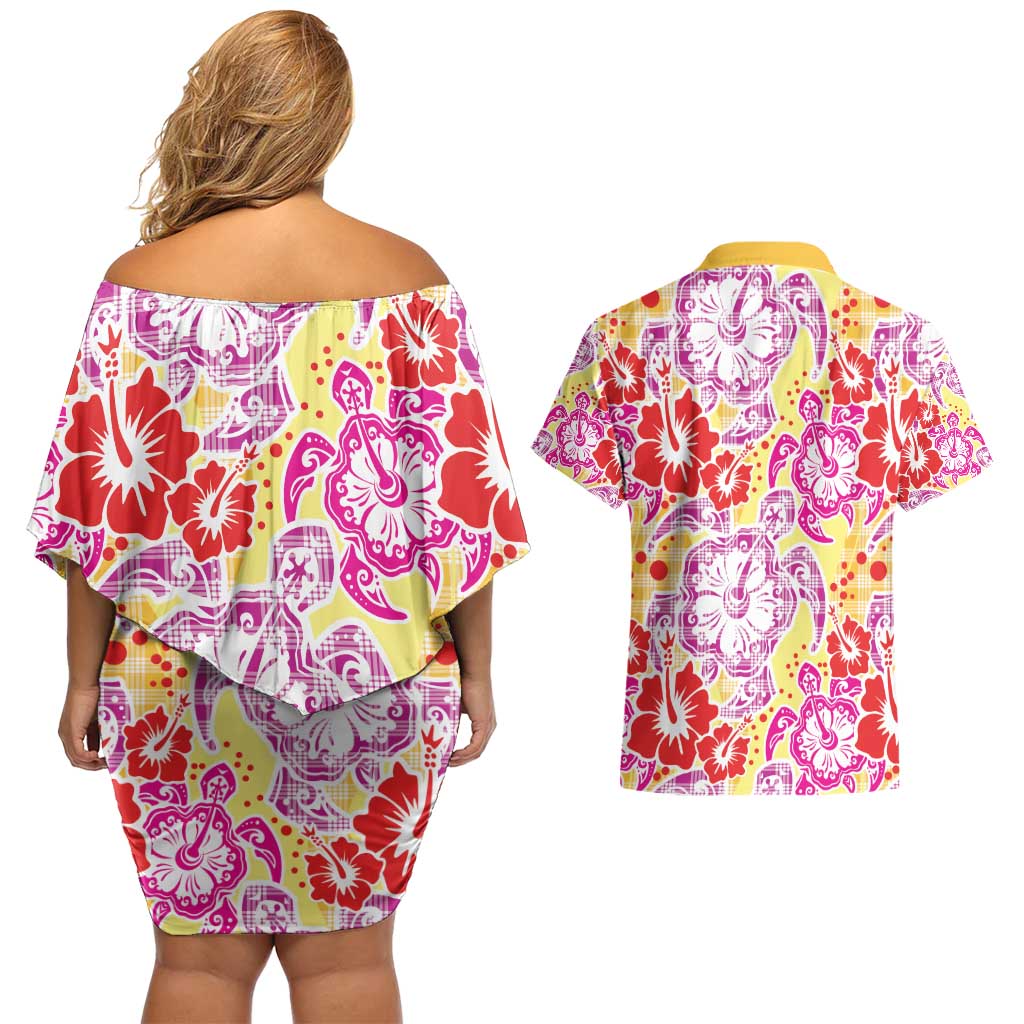 Palaka with Honu and Hibiscus Couples Matching Off Shoulder Short Dress and Hawaiian Shirt Hawaiian Heritage Spirit - Polynesian Pride