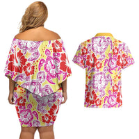 Palaka with Honu and Hibiscus Couples Matching Off Shoulder Short Dress and Hawaiian Shirt Hawaiian Heritage Spirit - Polynesian Pride