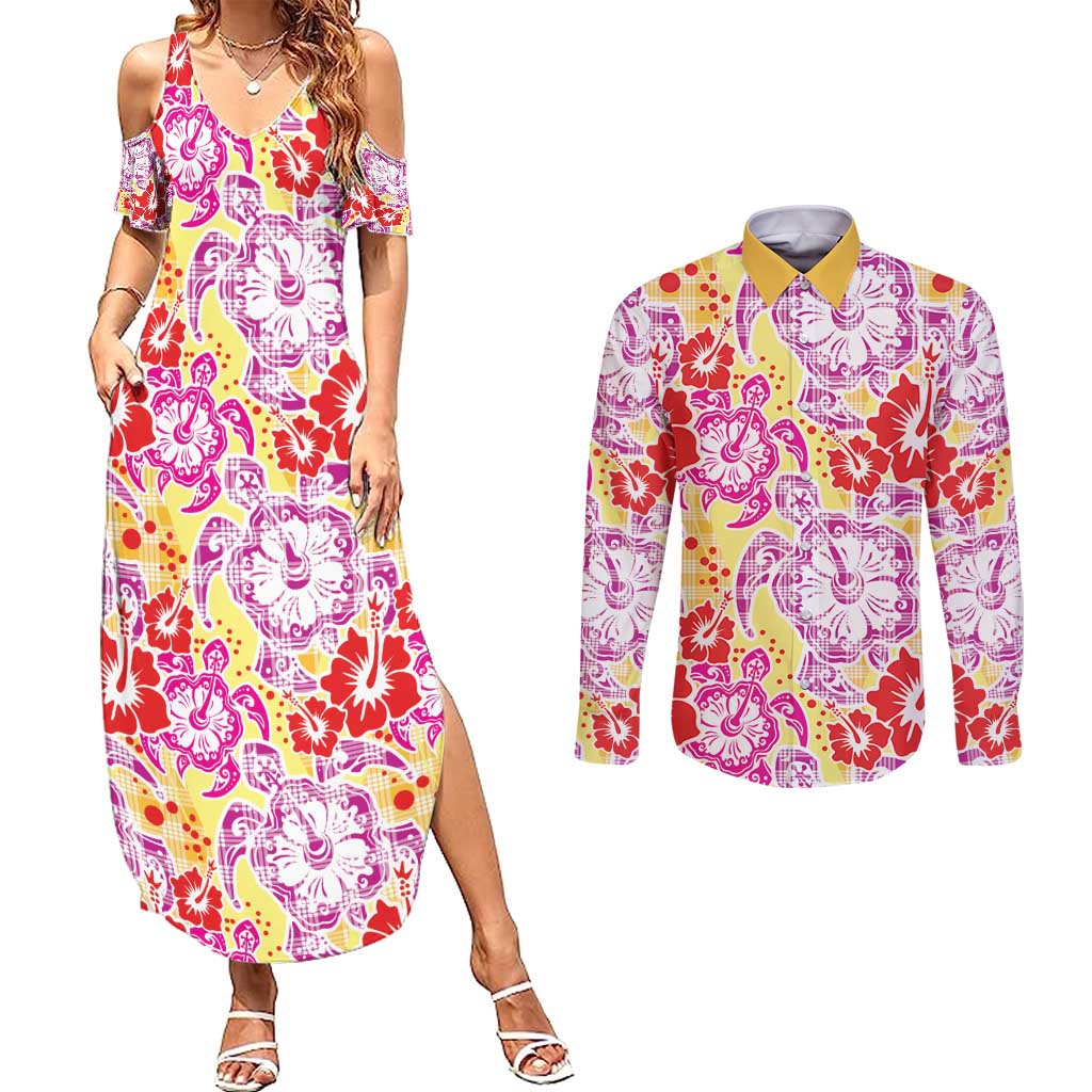 Palaka with Honu and Hibiscus Couples Matching Summer Maxi Dress and Long Sleeve Button Shirt Hawaiian Heritage Spirit - Polynesian Pride