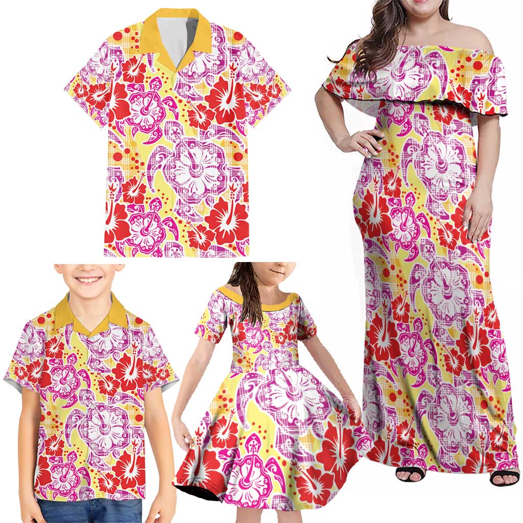 Palaka with Honu and Hibiscus Family Matching Off Shoulder Maxi Dress and Hawaiian Shirt Hawaiian Heritage Spirit - Polynesian Pride