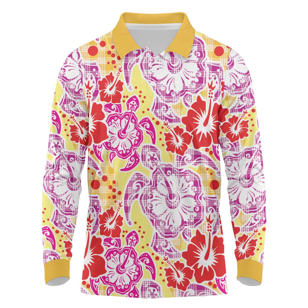 Palaka with Honu and Hibiscus Long Sleeve Polo Shirt Hawaiian Heritage Spirit - Polynesian Pride