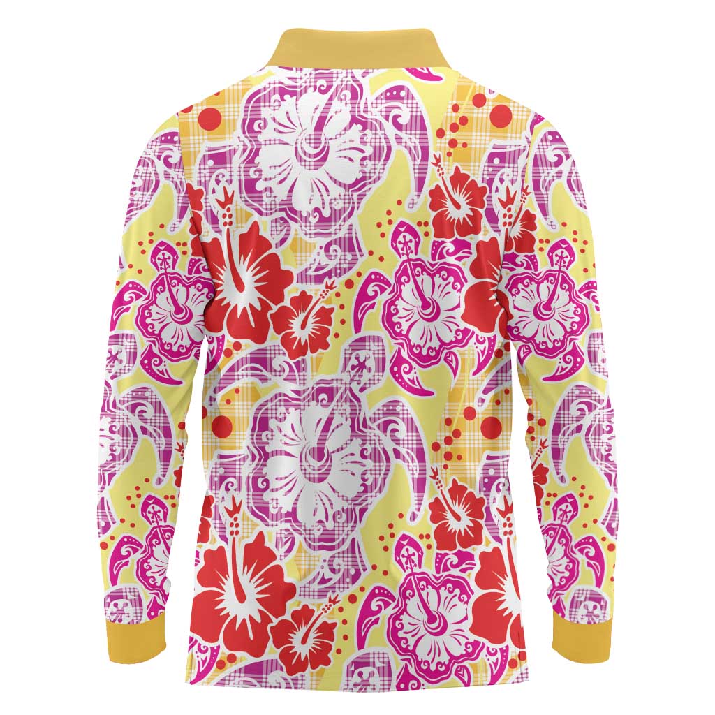 Palaka with Honu and Hibiscus Long Sleeve Polo Shirt Hawaiian Heritage Spirit - Polynesian Pride