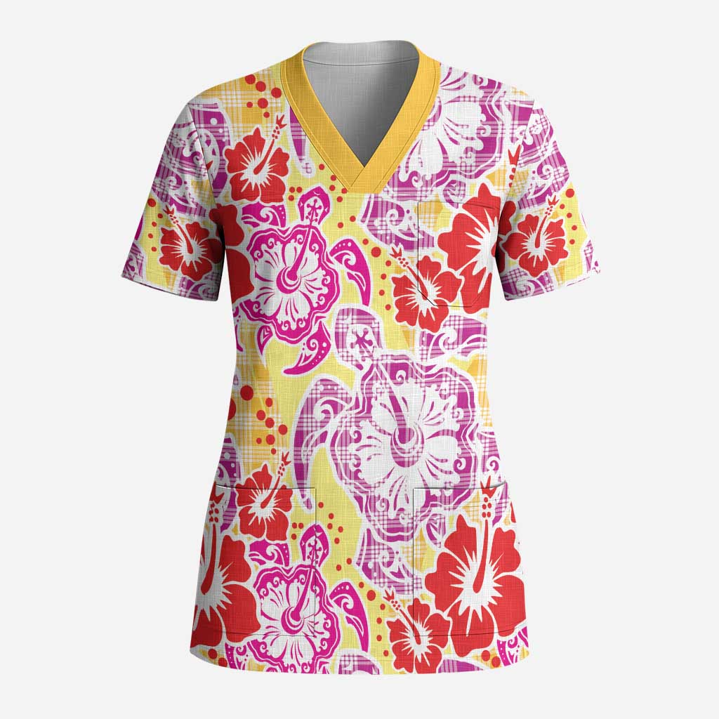 Palaka with Honu and Hibiscus Scrub Top Hawaiian Heritage Spirit - Polynesian Pride
